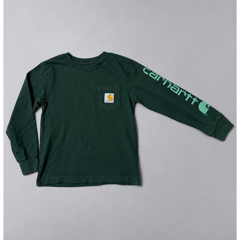 Carhartt Long Sleeve Pocket T-Shirt Youth 5 Green Sleeve Logo Workwear Tee